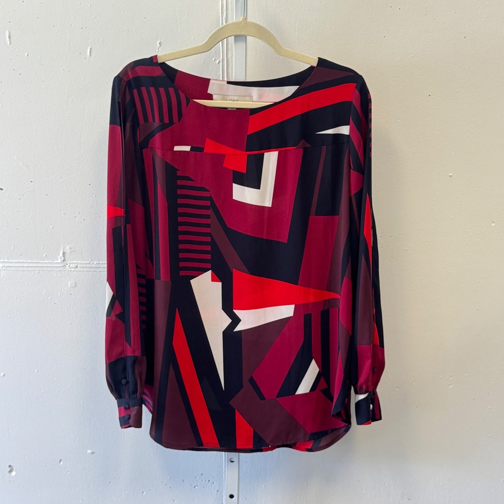 LOFT Geometric Abstract Print Long Sleeve Cold Shoulder Blouse Top Med Red Black